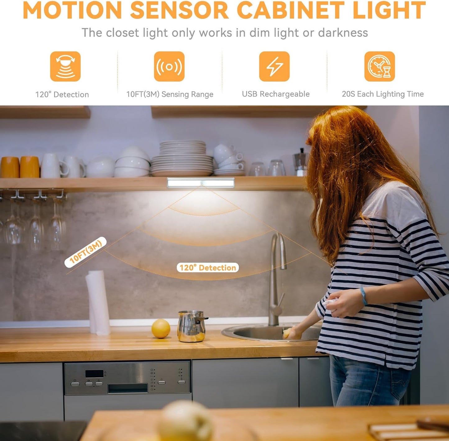 LED Rechargeable Motion Sensor Under Cabinet Lights - 3 Pack Wireless Magnetic Stick-On Cordless Night Light Bar for Kitchen, Stairs, and Hallway