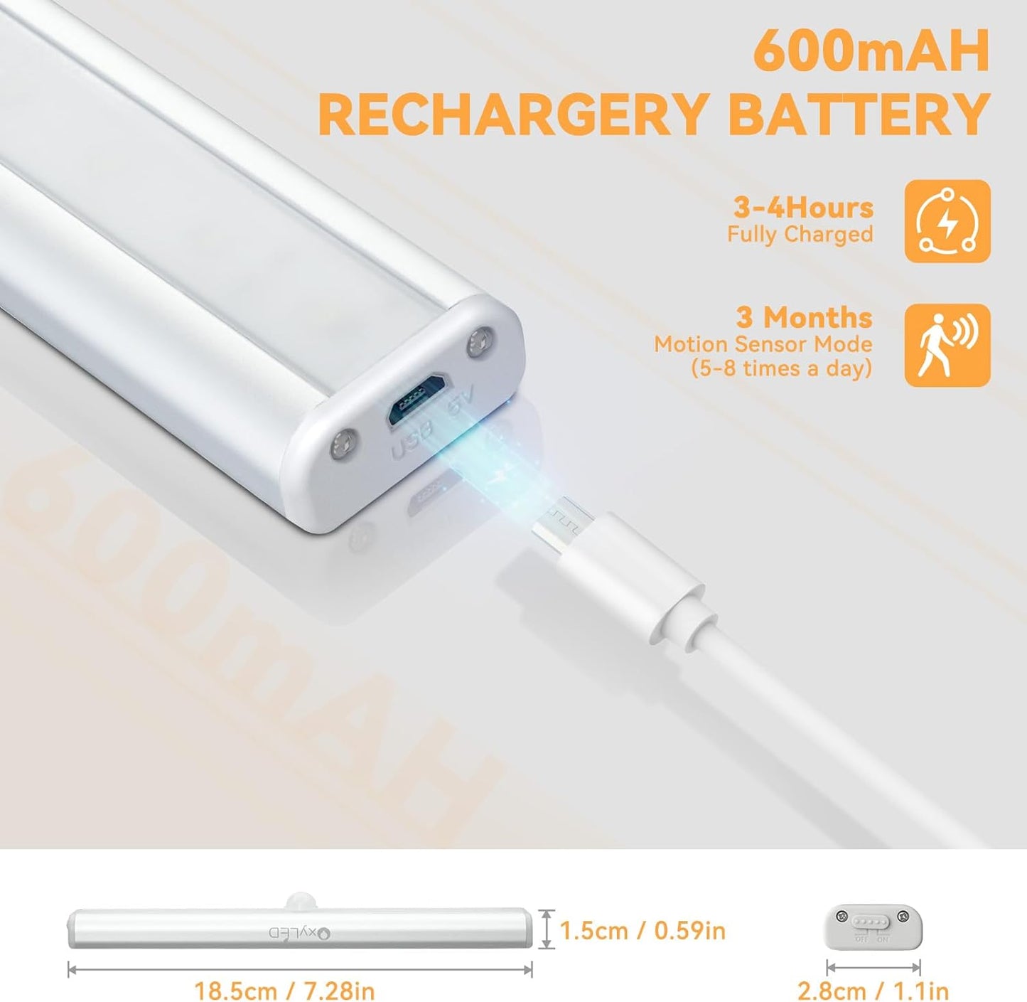 LED Rechargeable Motion Sensor Under Cabinet Lights - 3 Pack Wireless Magnetic Stick-On Cordless Night Light Bar for Kitchen, Stairs, and Hallway