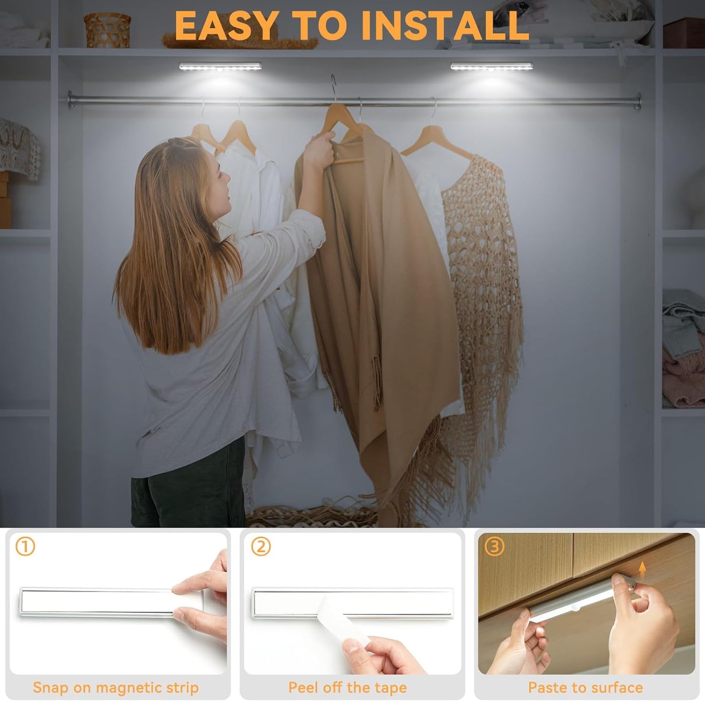 LED Rechargeable Motion Sensor Under Cabinet Lights - 3 Pack Wireless Magnetic Stick-On Cordless Night Light Bar for Kitchen, Stairs, and Hallway