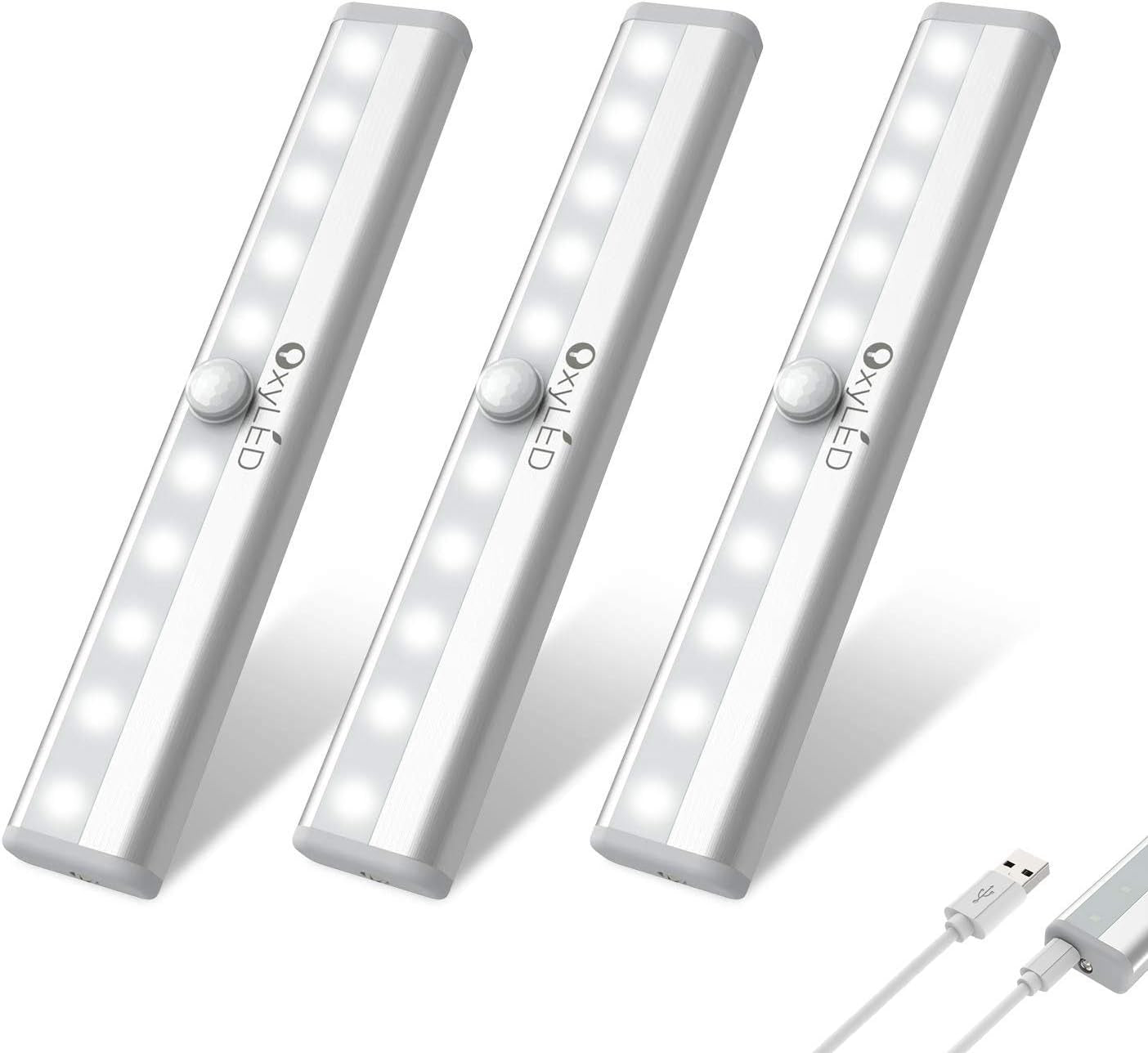 LED Rechargeable Motion Sensor Under Cabinet Lights - 3 Pack Wireless Magnetic Stick-On Cordless Night Light Bar for Kitchen, Stairs, and Hallway